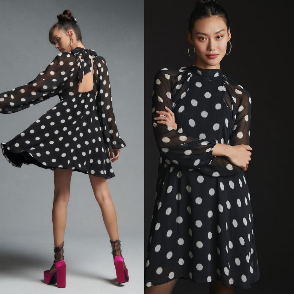NEW Anthropologie Maeve Long-Sleeve Sheer Mini Dress Polka Dot Black High Neck